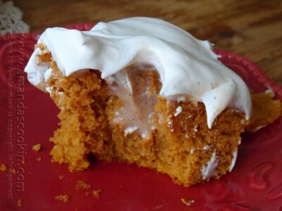 A close up photo of a piece of pumpkin pudding poke cake on a red plate.
