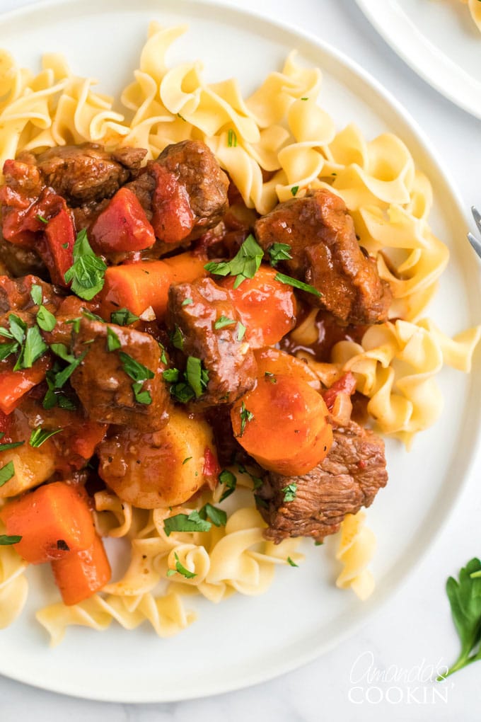 plate of hungarian goulash over egg noodles