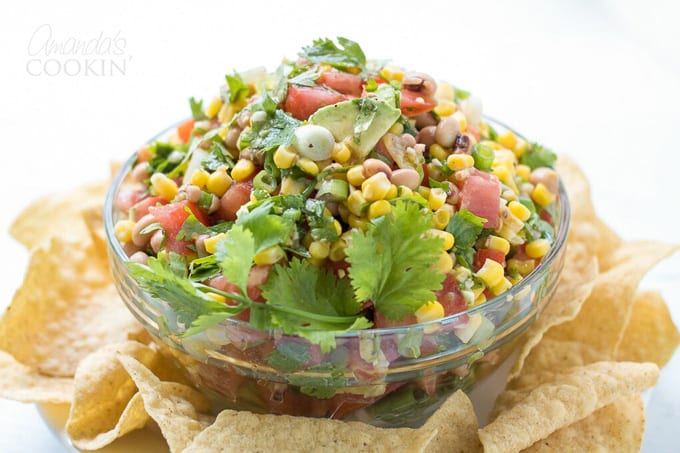 Cowboy Caviar in a bowl with chips