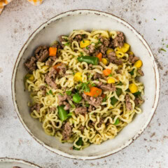 close up of a bowl of Ramen Noodle Casserole with Ground Beef