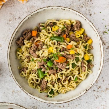 close up of a bowl of Ramen Noodle Casserole with Ground Beef