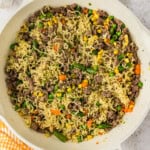 Ramen Noodle Casserole with Ground Beef in skillet