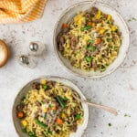 overhead photo f two servings of Ramen Noodle Casserole with Ground Beef