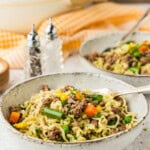 two bowls of Ramen Noodle Casserole with Ground Beef