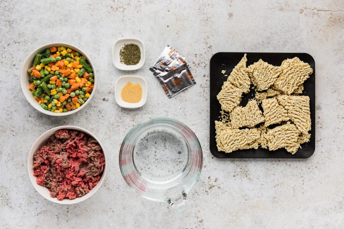 simple ingredients for making Ramen Noodle & Beef Skillet