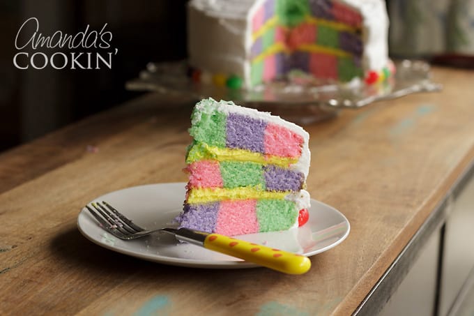 pastel colored checkerboard cake for easter