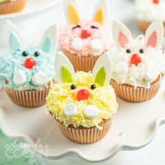 A close up of a bunny decorated cupcakes
