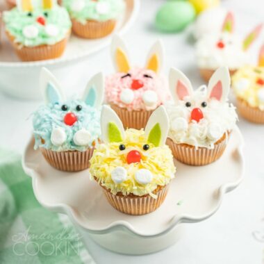 A close up of bunny decorated cupcakes