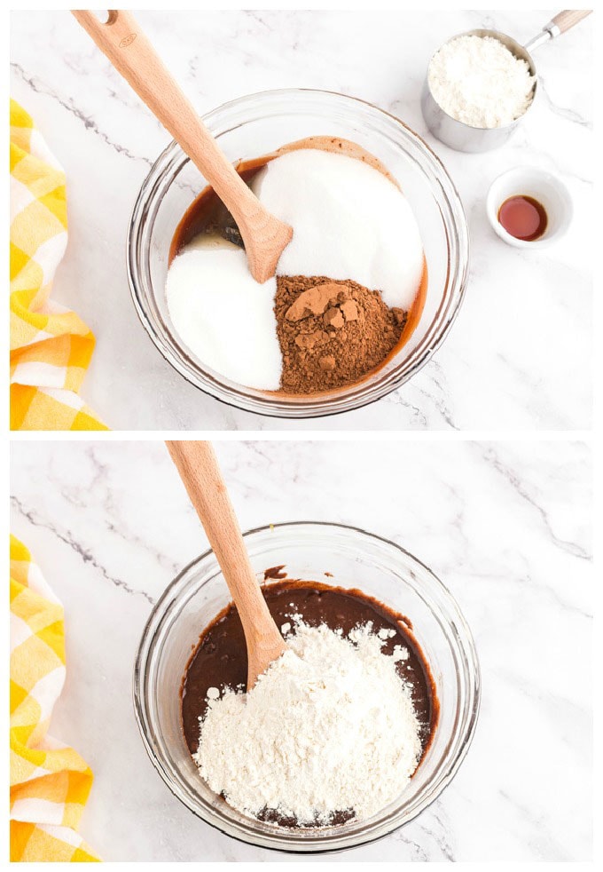 adding dry ingredients to brownie batter