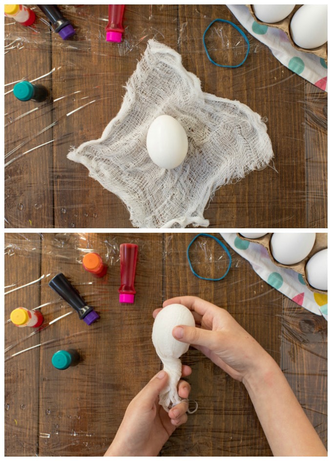 placing boiled egg in cheesecloth