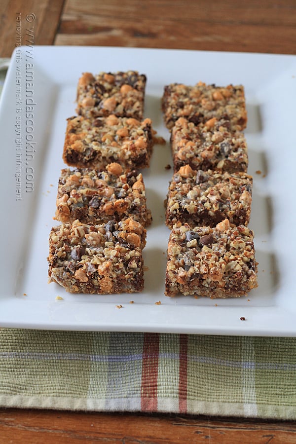 An overhead photo of magic bars resting on a white platter.