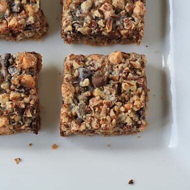 An overhead photo of magic bars resting on a white platter.