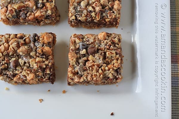 An overhead photo of magic bars resting on a white platter.