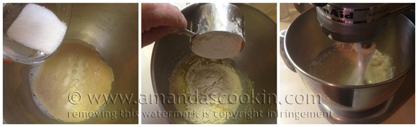 A photo of dry ingredients being added to a mixer.