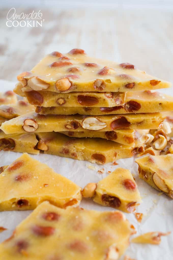 cut up pieces of homemade peanut brittle