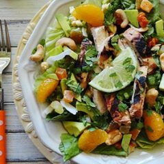 An overhead photo of a key west grilled chicken salad.