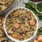 Overhead of a bowl of sausage mushroom wild rice soup next to the pot with fresh sage, parsley and whole mushrooms