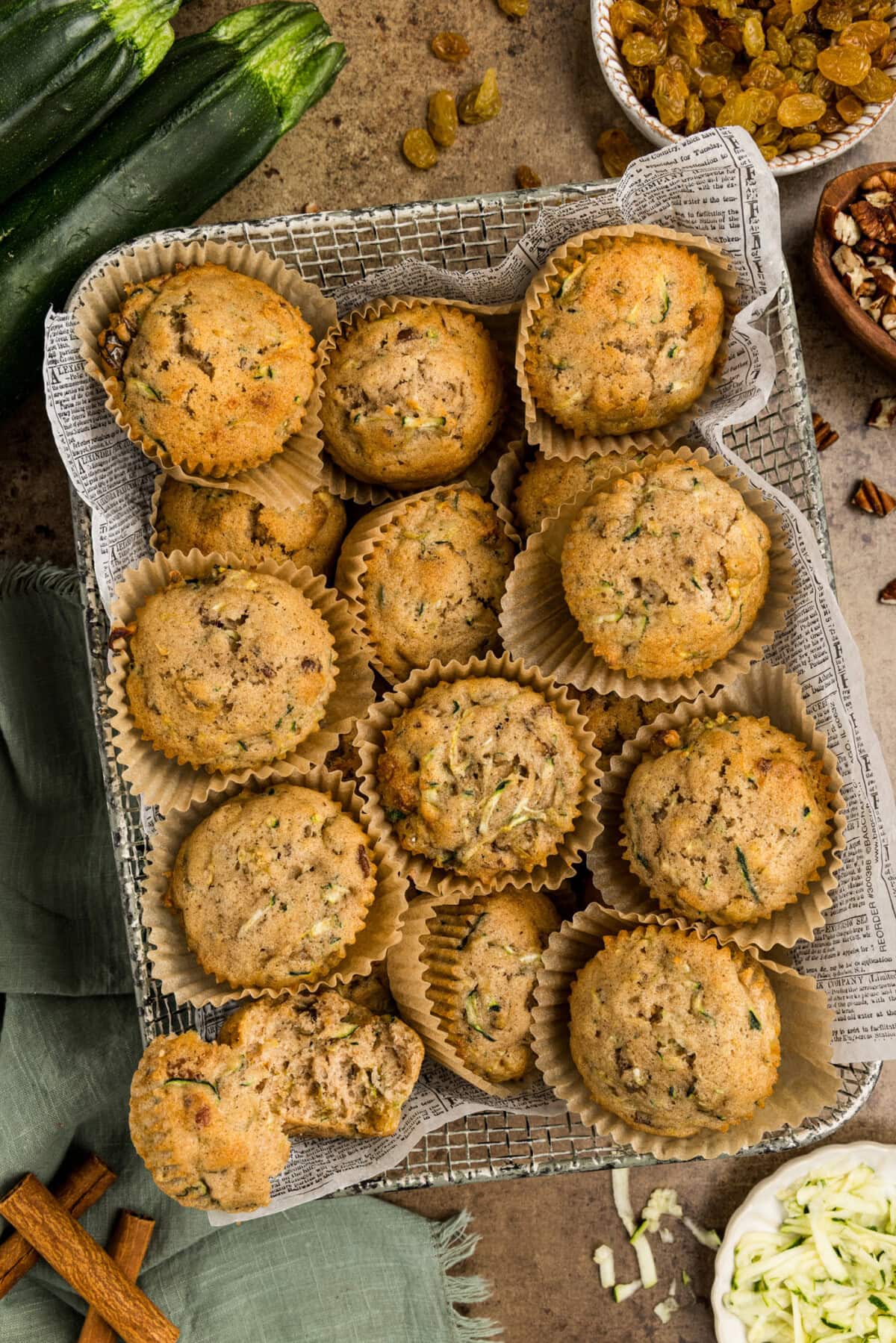 overhead photo of a basket of Vanilla Zucchini Muffins
