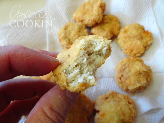 A close up photo of a homemade chicken nugget.