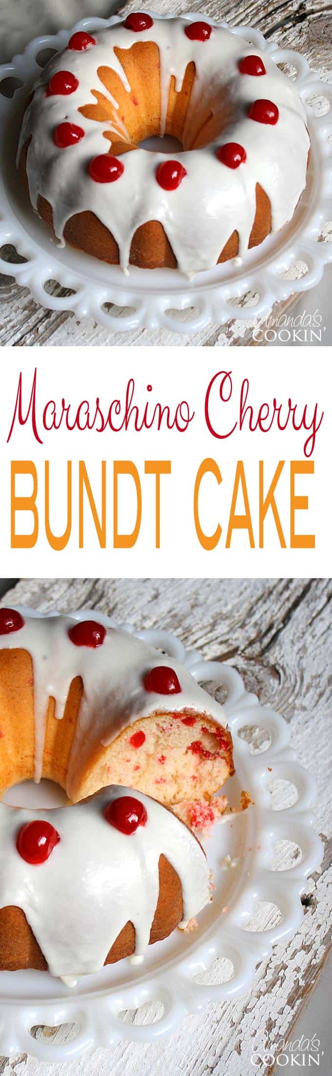 Photos of a Maraschino Cherry Bundt Cake.