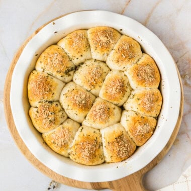 overhead photo of meatball stuffed biscuits in pan