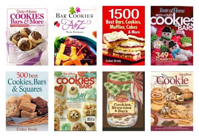 A collection of cookbooks on bar recipes and cookie recipes.