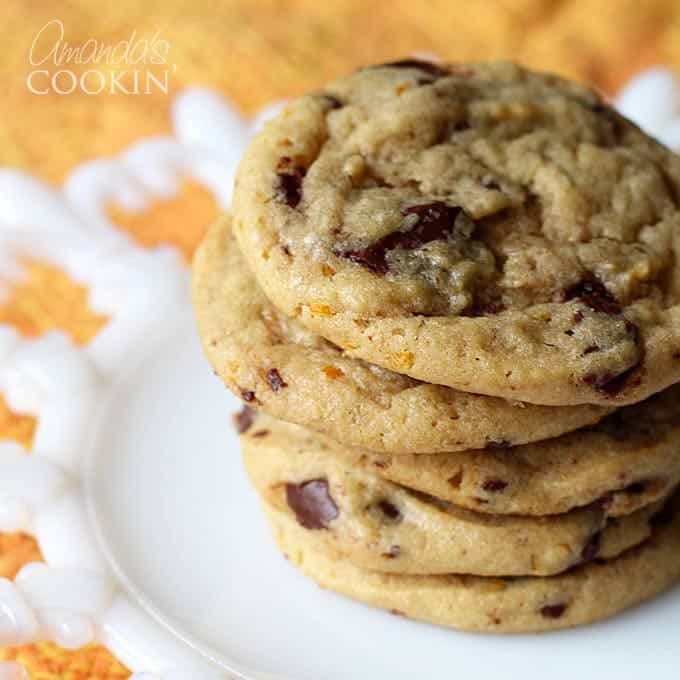 A close up photo of a stack of pretzel chocolate chip cookies.