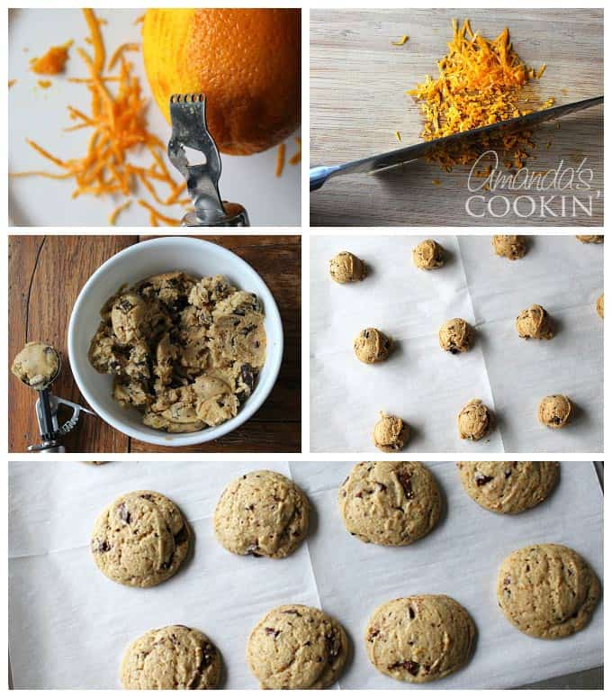Photos of the steps to make orange chocolate chip cookies.