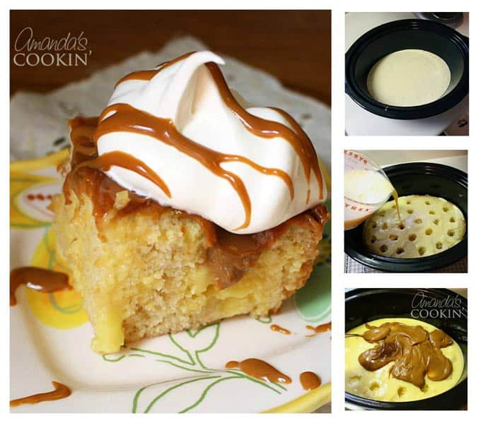 Photos of the steps to make a vanilla dream crockpot cake.