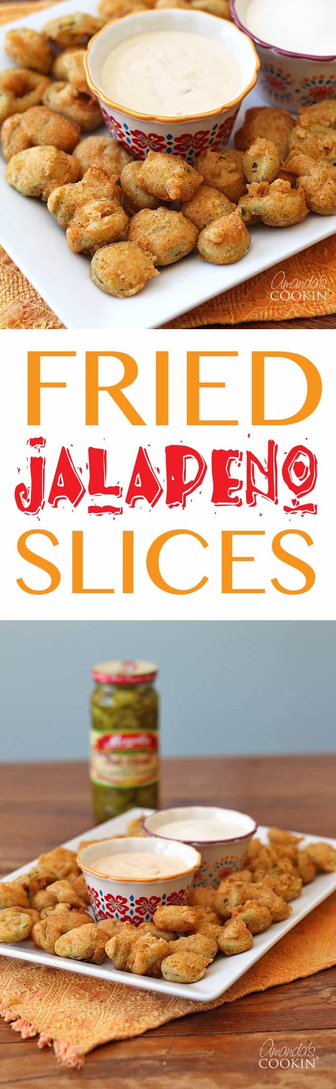 Photos of a plate of crispy fried jalapeno slices.