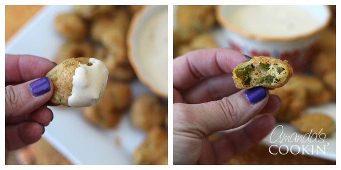 A photo of a crispy fried jalapeno slice dipped in ranch and another photo of a half eaten crispy jalapeno slice.