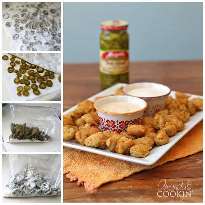 Photos of the steps to make crispy fried jalapeno slices.