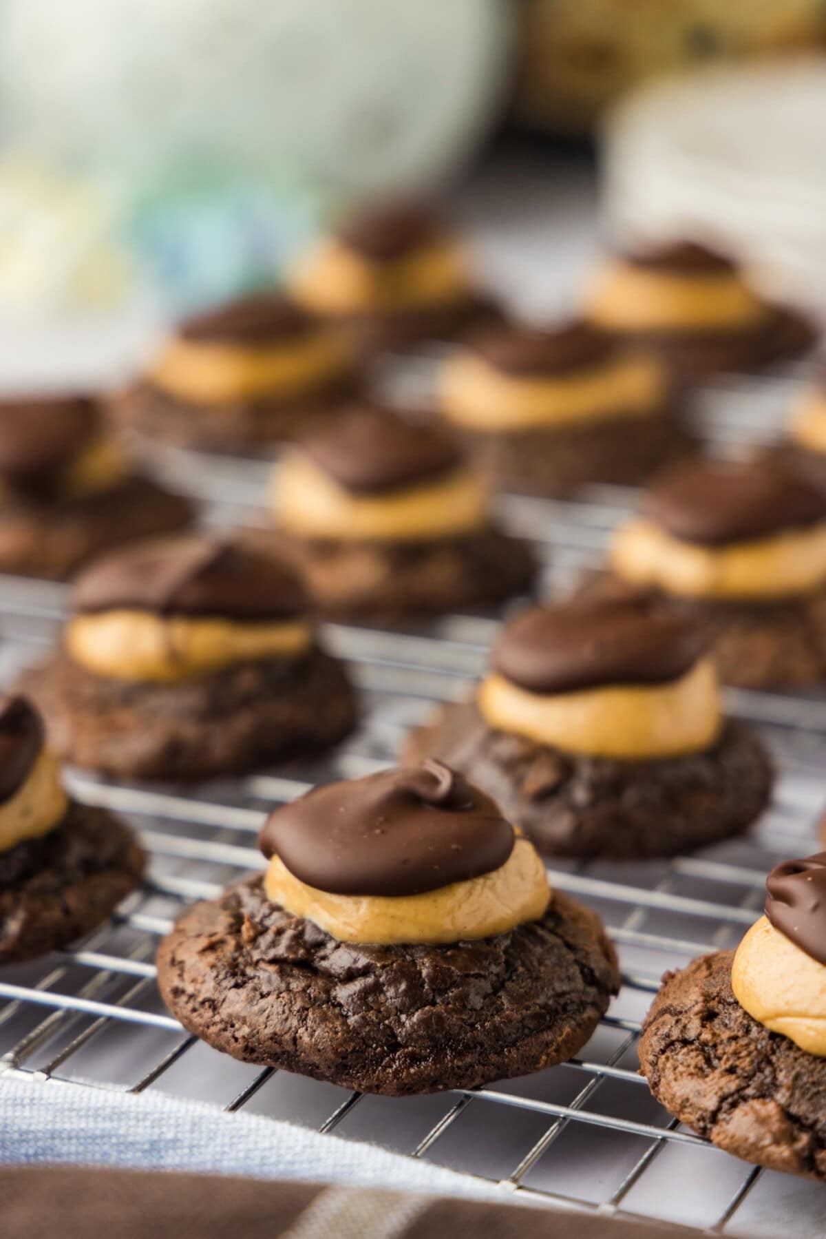 buckeye brownie cookies on a wire cooling rack