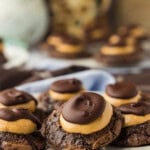 close up of buckeye brownie cookies on a white plate