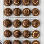 overhead photo of buckeye brownie cookies on wire rack