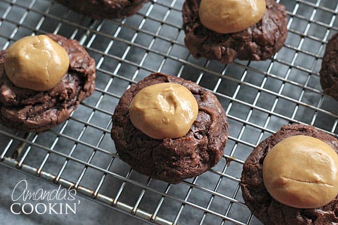 A close up photo of buckeye brownie cookies on a cooling rack.