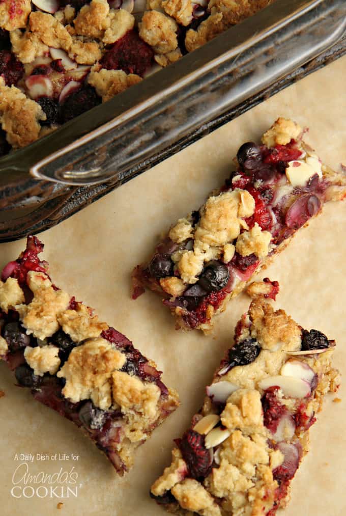 A close up overhead photo of three berrylicious cookie bars.