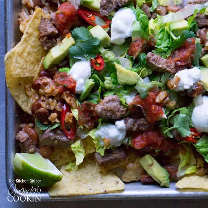 An overhead photo of filet mignon steak nachos.