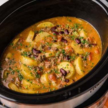 close up photo of Slow Cooker Cowboy Casserole in crockpot