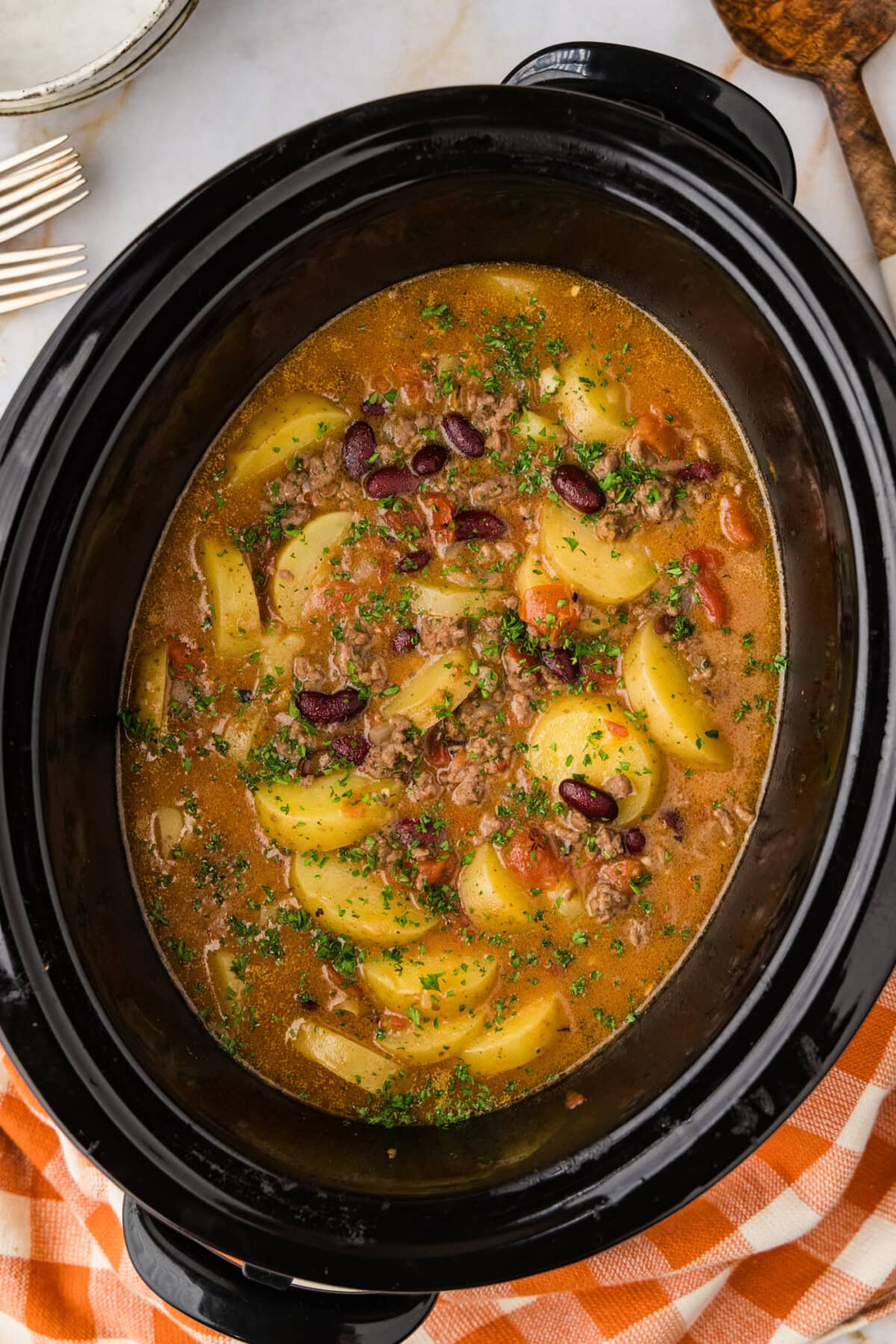 crockpot full of Slow Cooker Cowboy Casserole