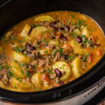 45 angel view of crockpot with Slow Cooker Cowboy Casserole