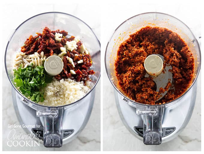 Photos of sun-dried tomato pesto in a food processor.