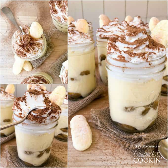 A collection of photos of tiramisu trifles in mason jars.