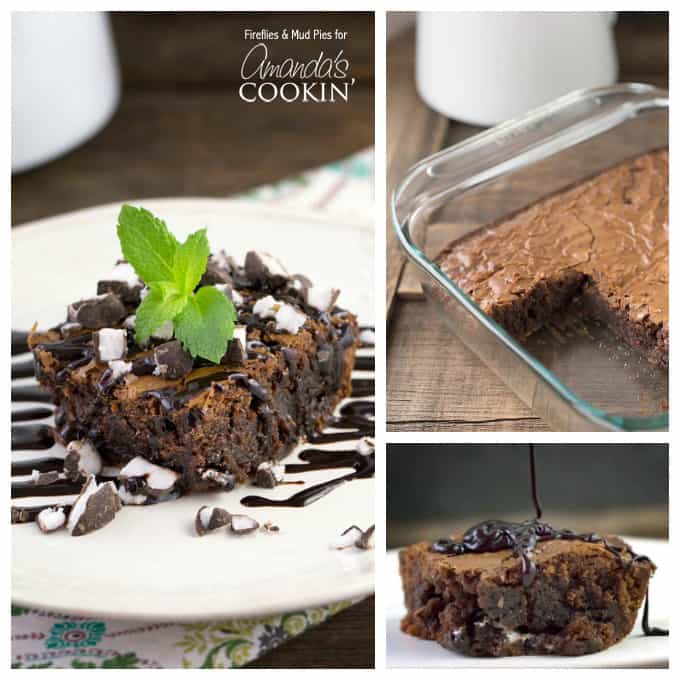 Photos of a peppermint patty brownies on a plate and a photo of a pan of brownies.