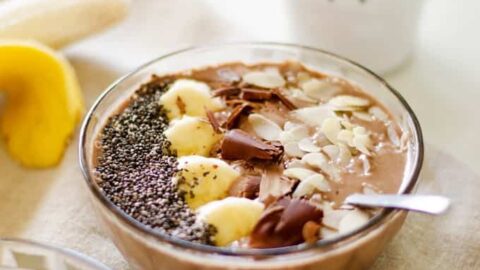 mocha smoothie bowl with a spoon