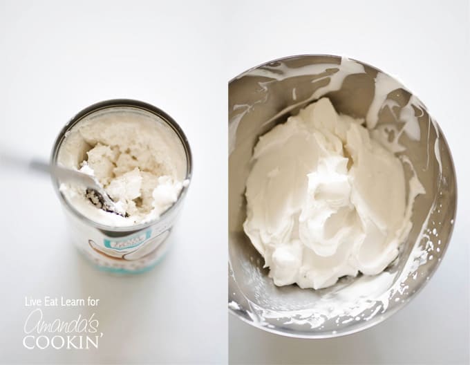 Overhead photos of a can of coconut cream and a stainless steel bowl of coconut cream.