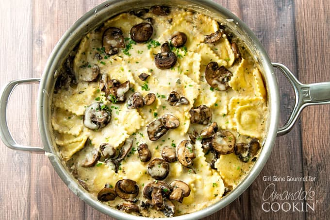 creamy mushroom ravioli in pan