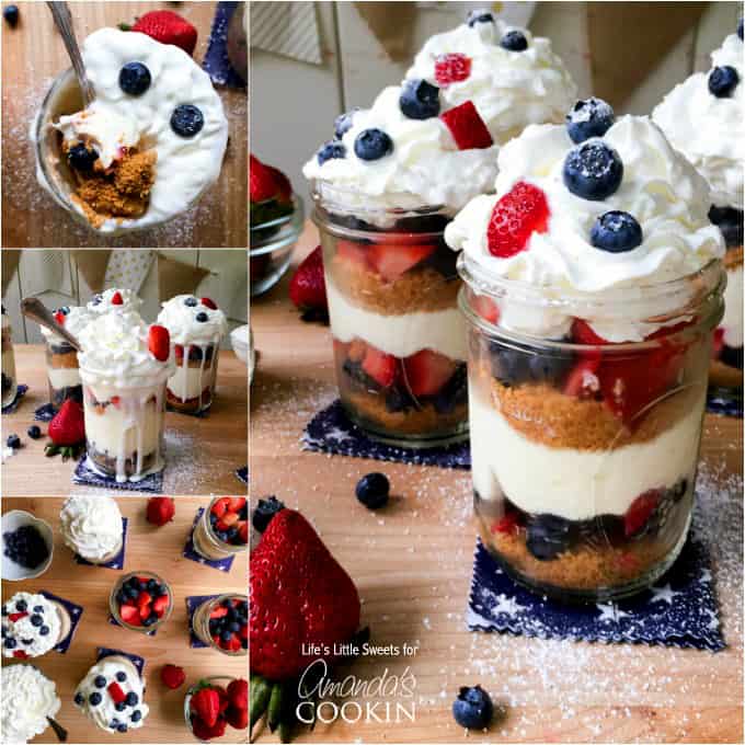 An assortment of images of no bake berry cheesecake trifles in mason jars on a wooden cutting board.
