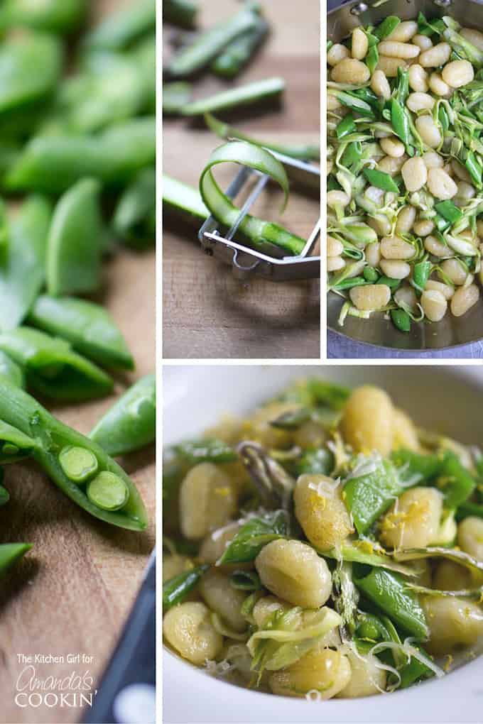Photos of the steps to make pan-seared gnocchi with shaved asparagus.