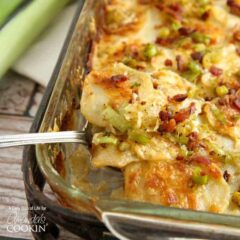 A close up of a spoonful of potatoes au gratin with bacon and leeks.